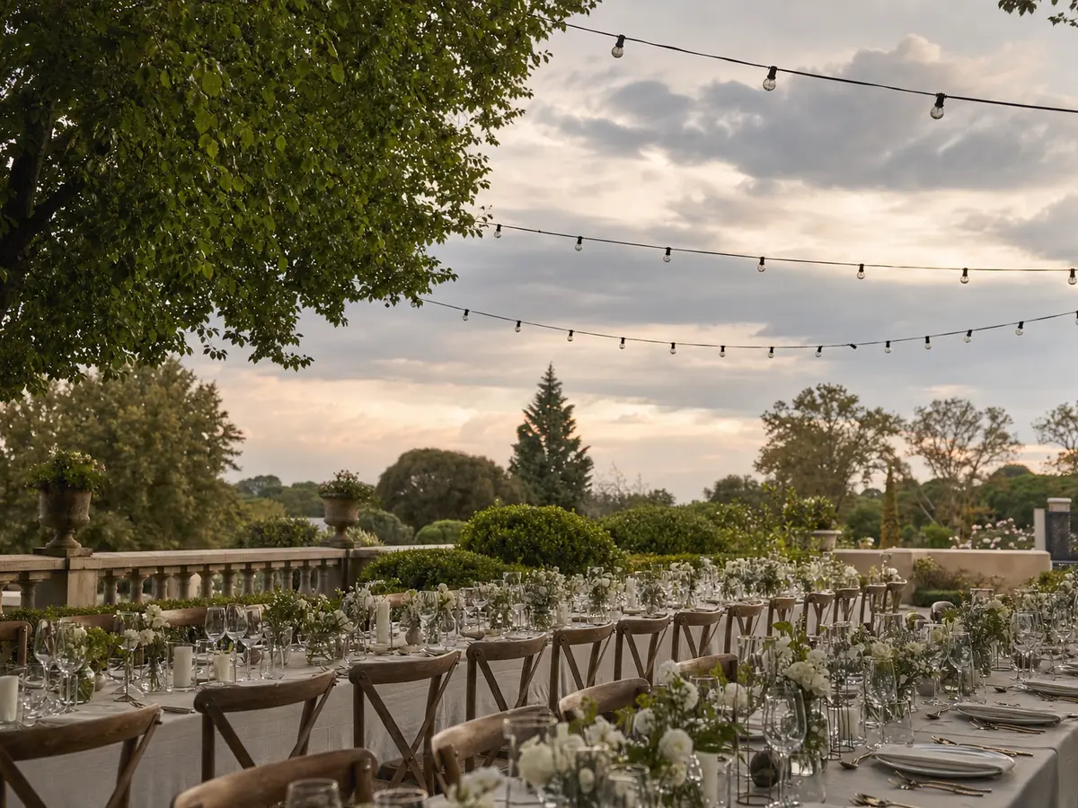 A garden estate terrace in the northern suburbs of Johannesburg set for an evening wedding reception