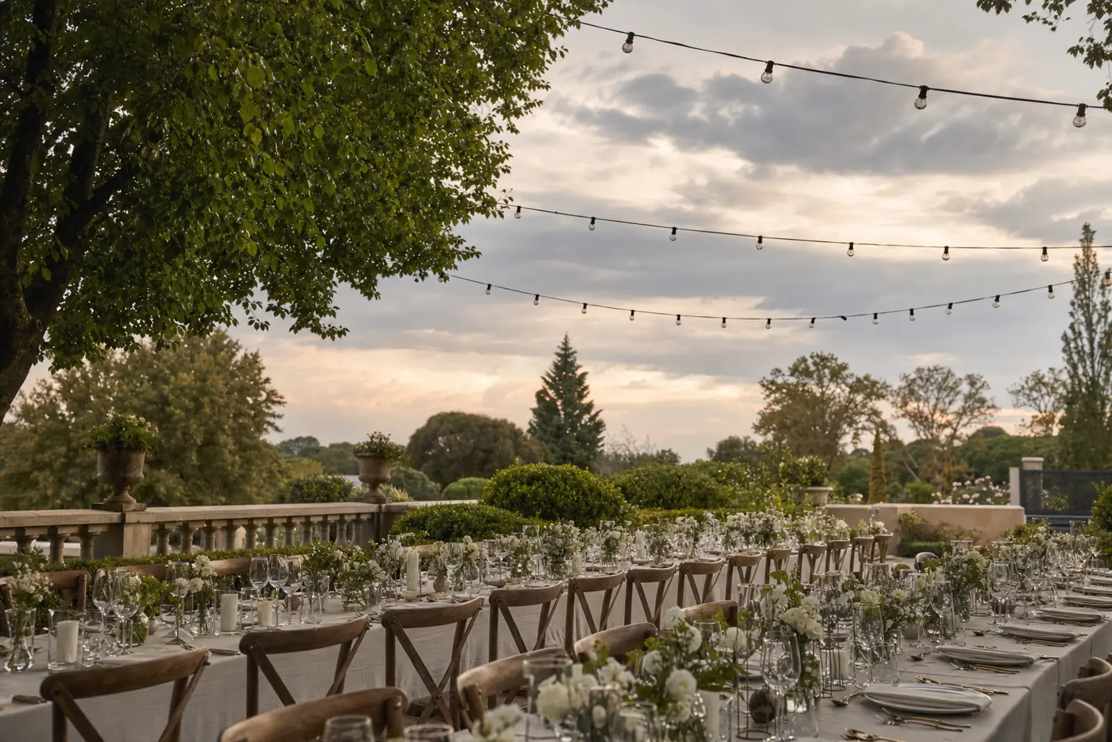 A garden estate terrace in the northern suburbs of Johannesburg set for an evening wedding reception