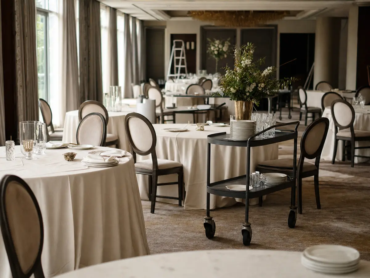 A hotel ballroom set for a wedding reception, seen from the doorway, empty of guests