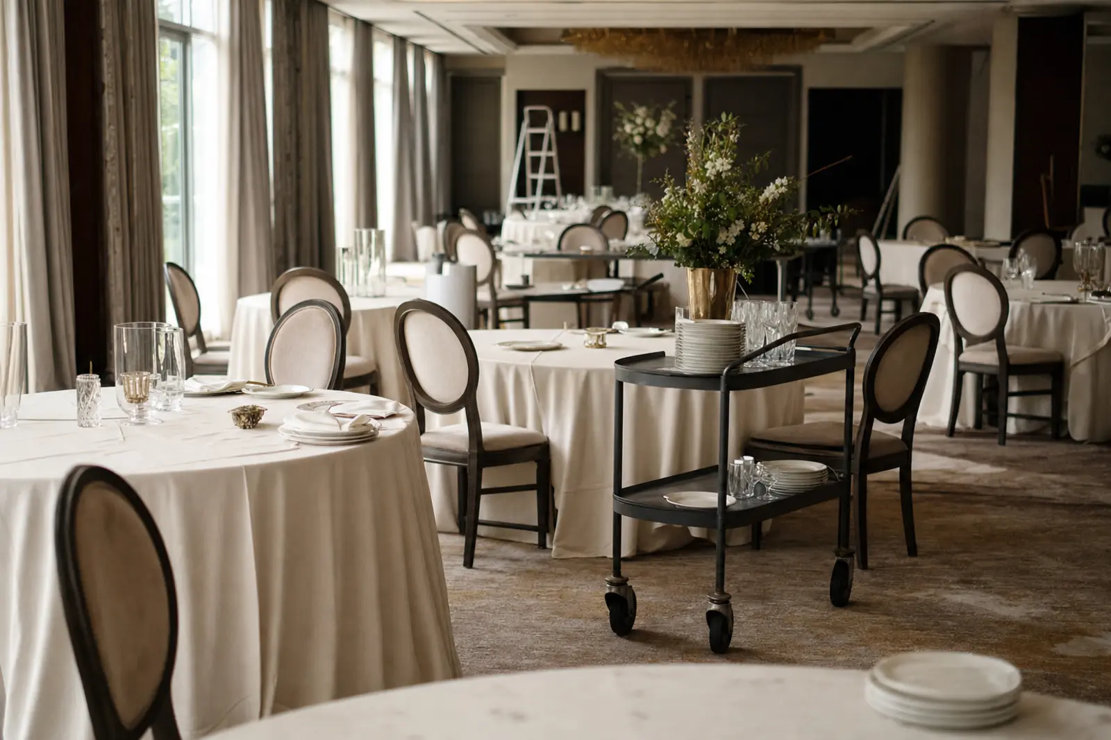 A hotel ballroom set for a wedding reception, seen from the doorway, empty of guests