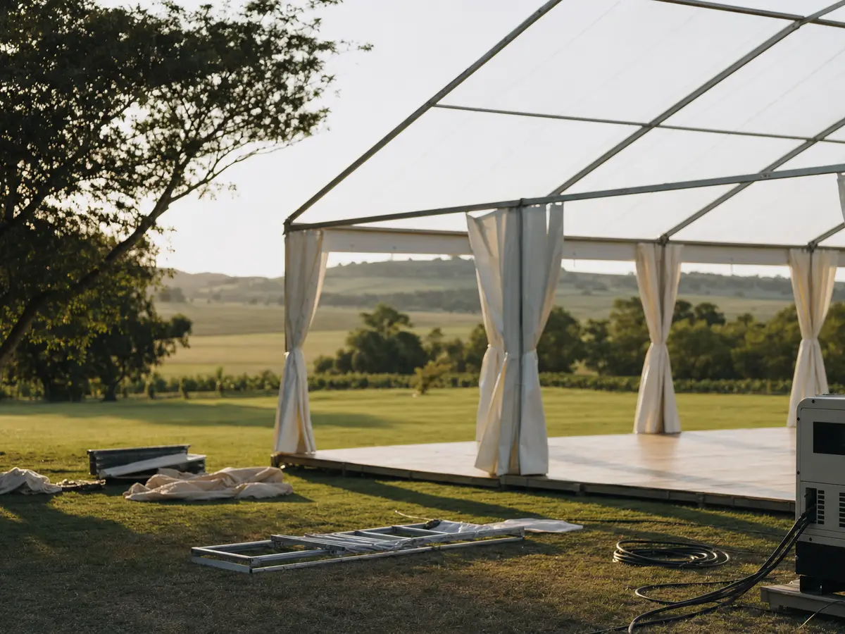 An empty white marquee frame being dressed on a private-estate lawn before a wedding