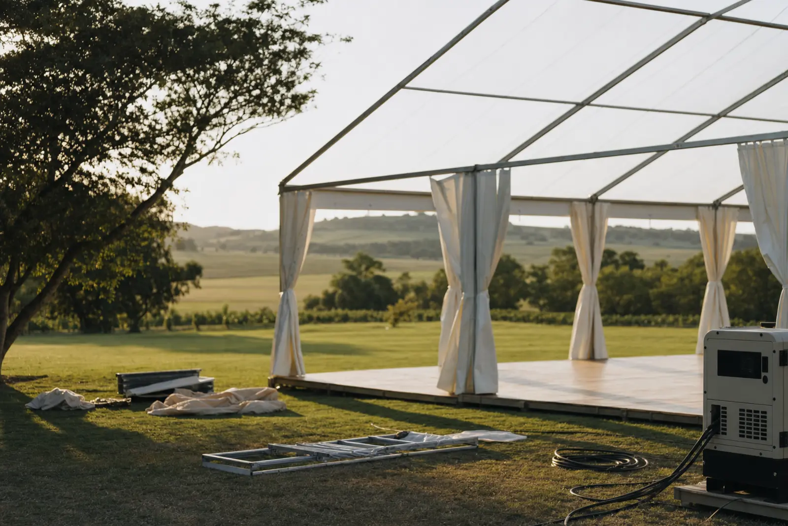 An empty white marquee frame being dressed on a private-estate lawn before a wedding