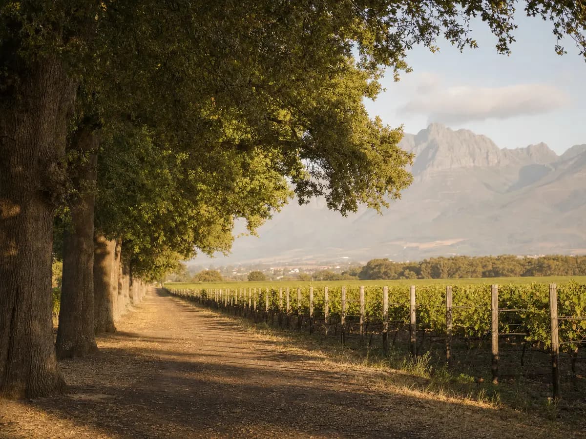 Rows of vines under an oak-lined avenue in the Cape Winelands, late afternoon, no people