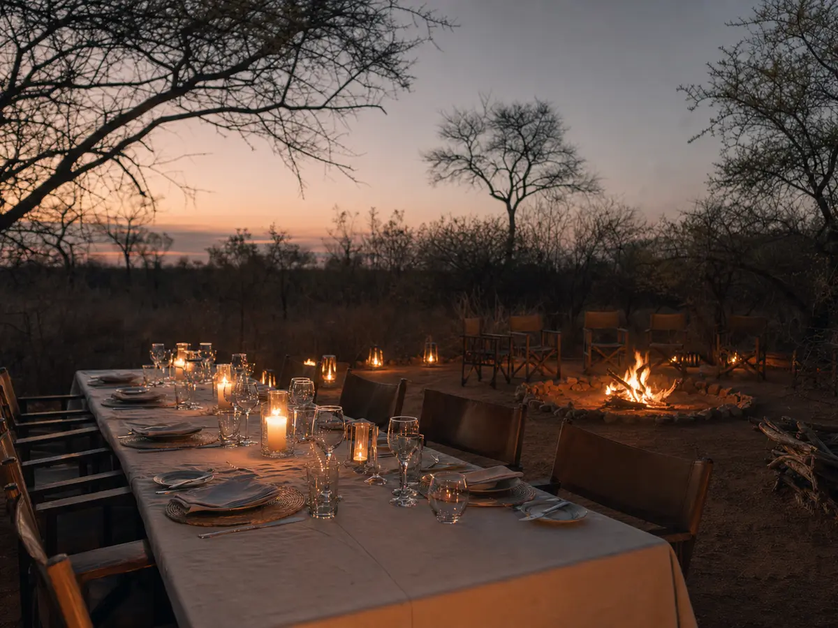 An open-sided boma dinner setting laid with candlelight around a fire circle at dusk, no people