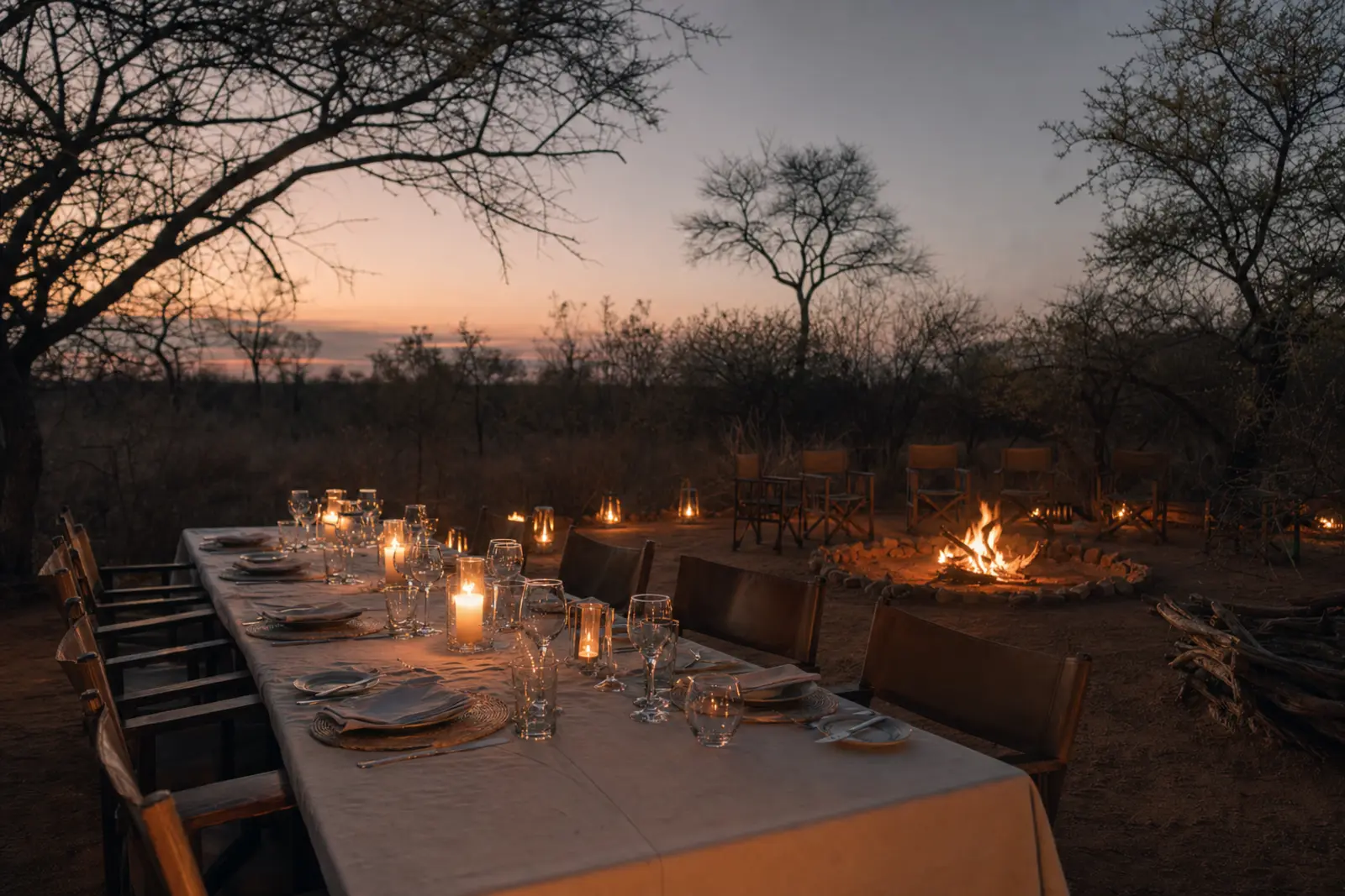 An open-sided boma dinner setting laid with candlelight around a fire circle at dusk, no people