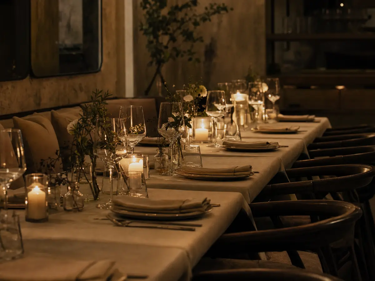 A long restaurant table set for a private dinner, low evening light, the room otherwise empty