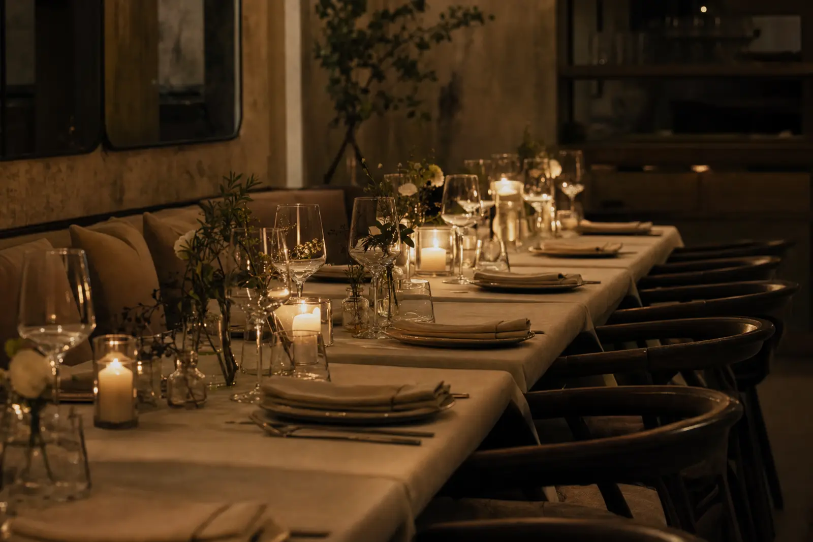 A long restaurant table set for a private dinner, low evening light, the room otherwise empty