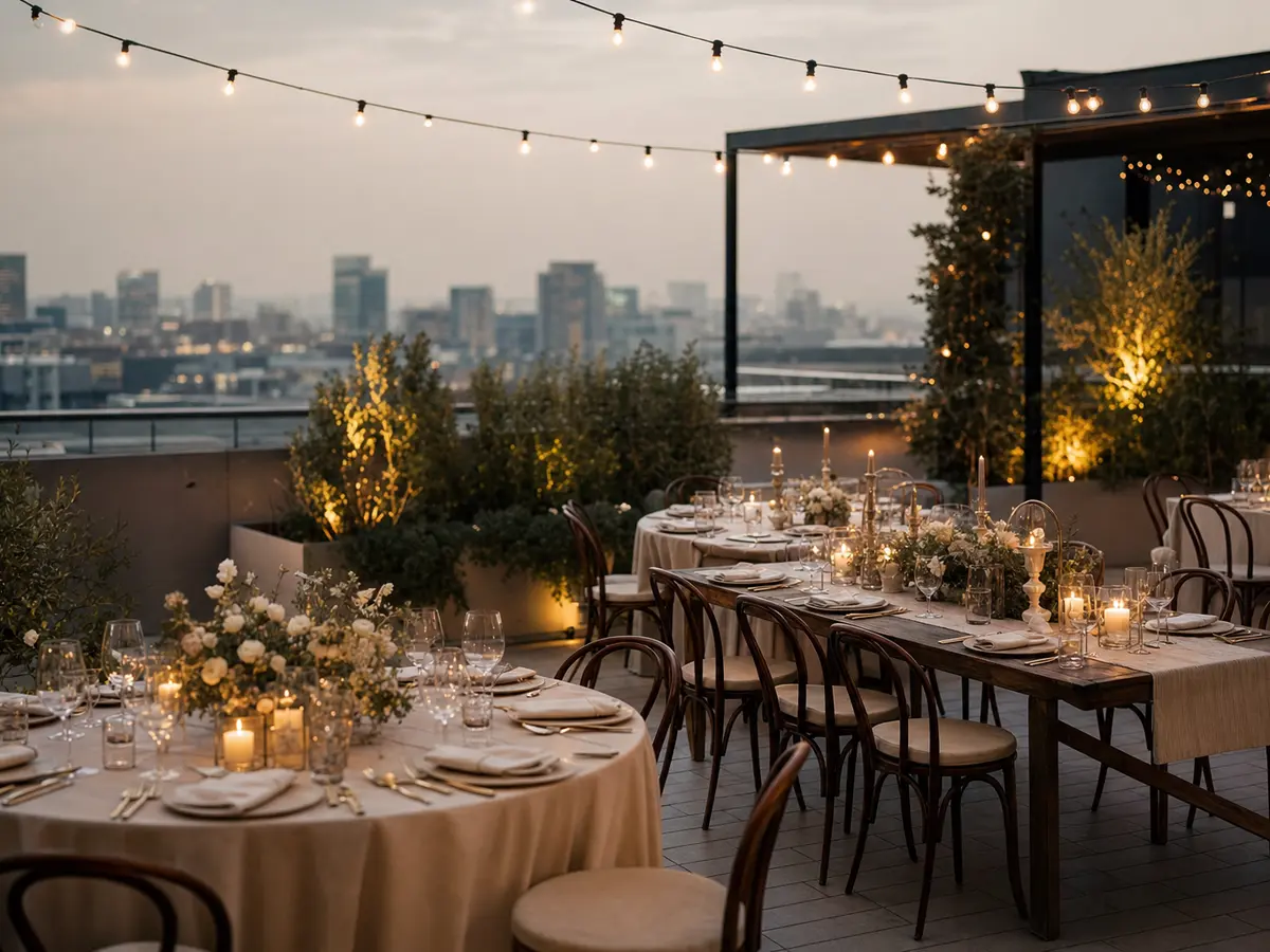 A city rooftop terrace set for an evening reception, skyline out of focus behind, no guests