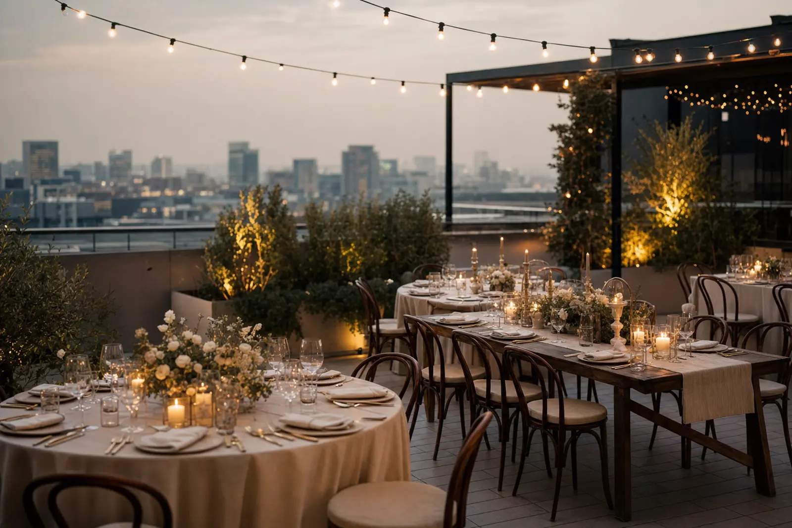 A city rooftop terrace set for an evening reception, skyline out of focus behind, no guests
