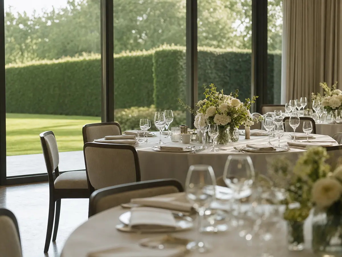 A country-club function room set for a reception with a lawn visible through the windows, no guests