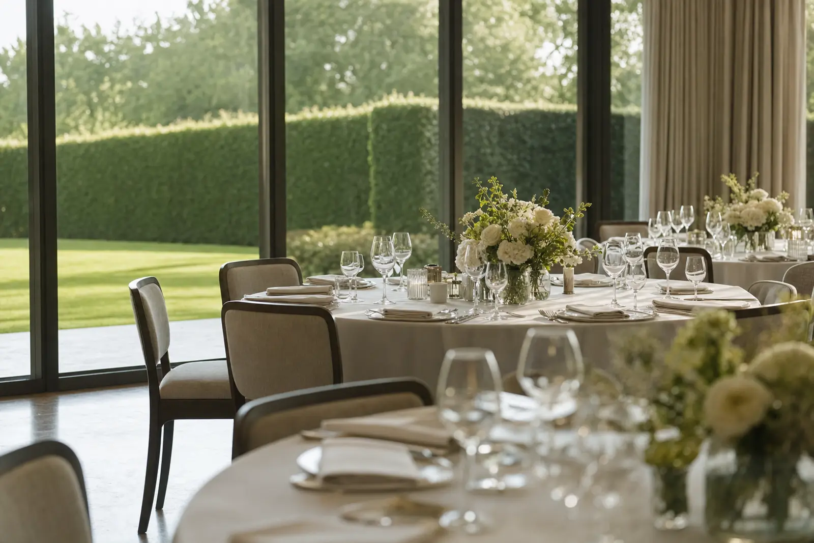 A country-club function room set for a reception with a lawn visible through the windows, no guests