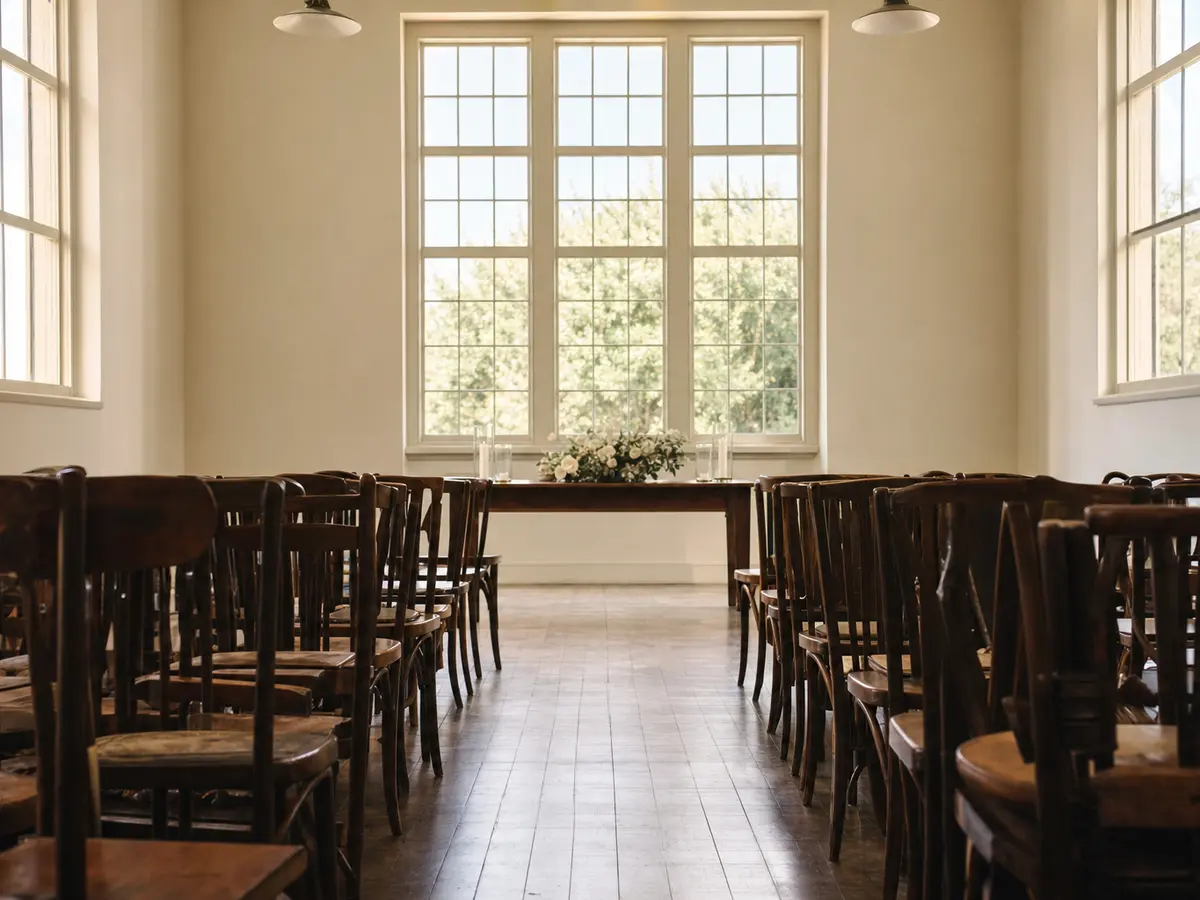 Rows of light wooden chairs facing a small table inside a bright, unbranded hall