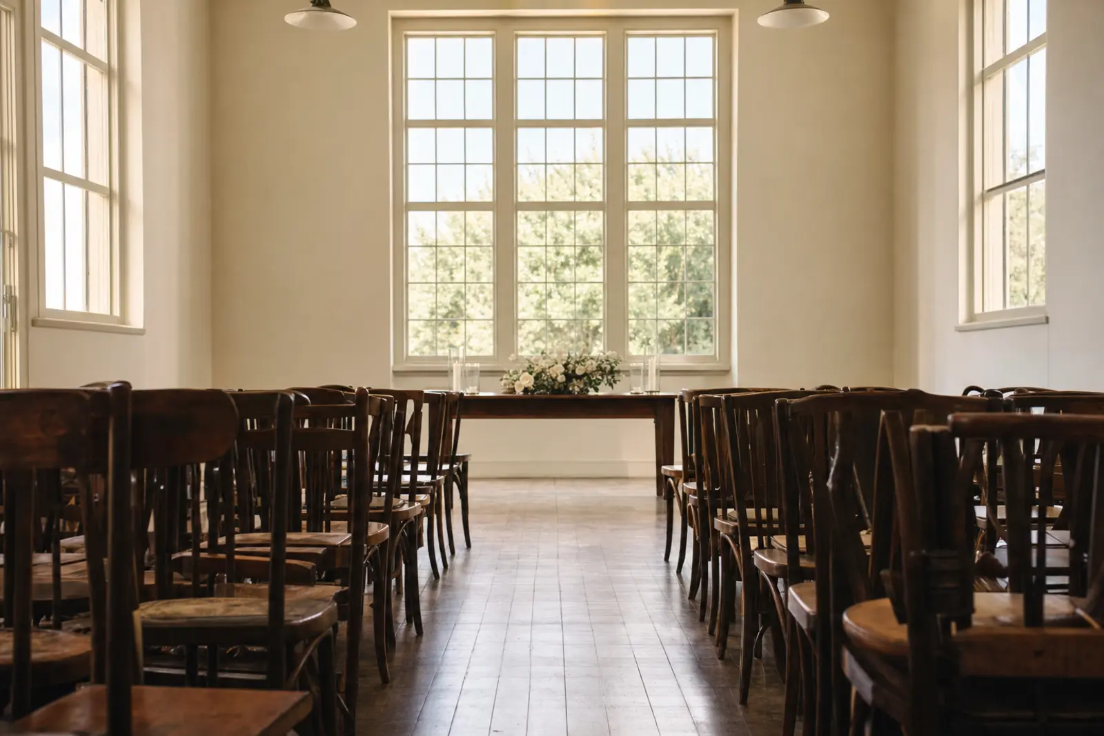 Rows of light wooden chairs facing a small table inside a bright, unbranded hall