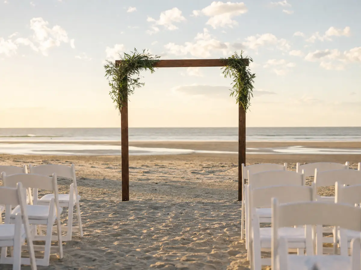 A simple wooden arch on open sand with rows of white chairs facing the sea at low tide