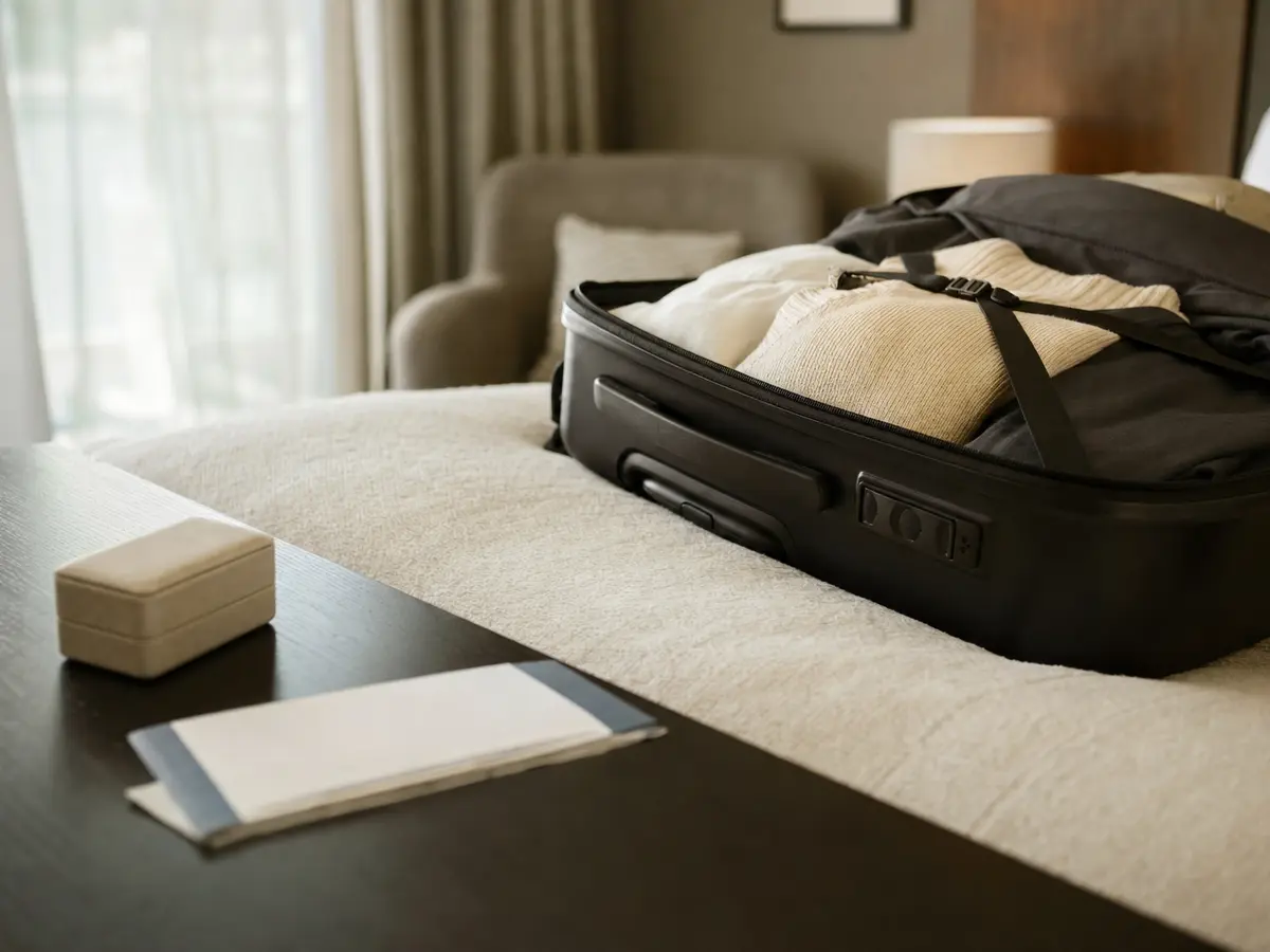 A packed suitcase, a folded boarding pass and a small ring box on a plain hotel desk