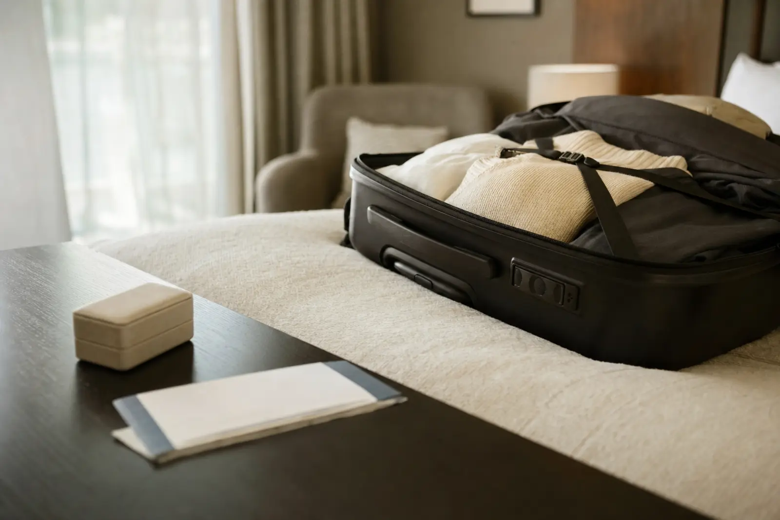 A packed suitcase, a folded boarding pass and a small ring box on a plain hotel desk