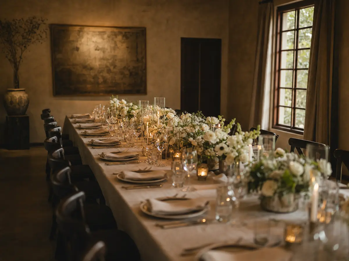 A single long table set for around thirty guests in a small, warmly lit private dining room