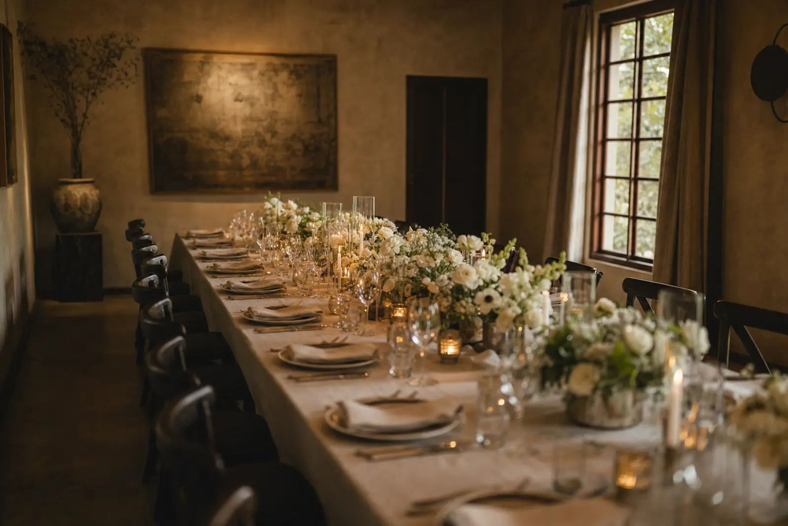 A single long table set for around thirty guests in a small, warmly lit private dining room