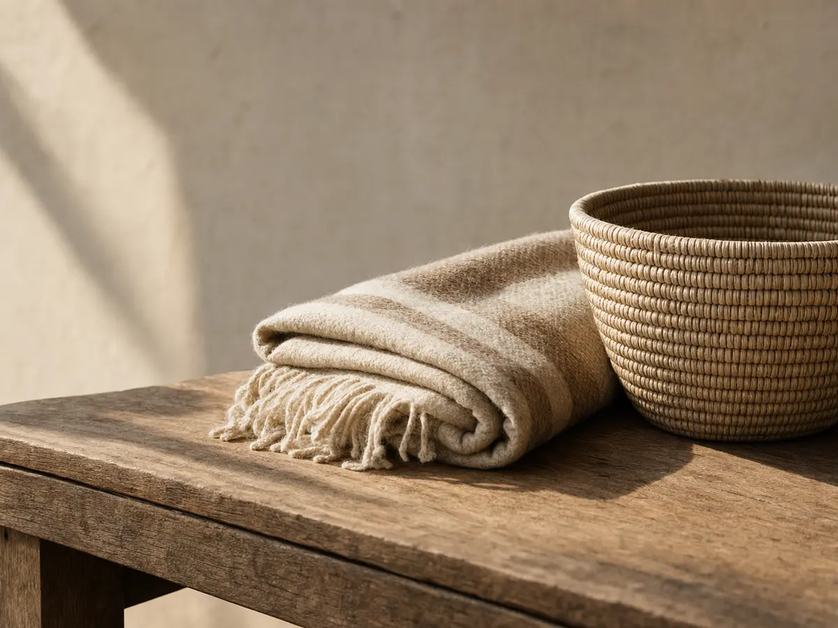 A woven grass basket and a folded woollen blanket resting on a plain wooden table in warm midday light