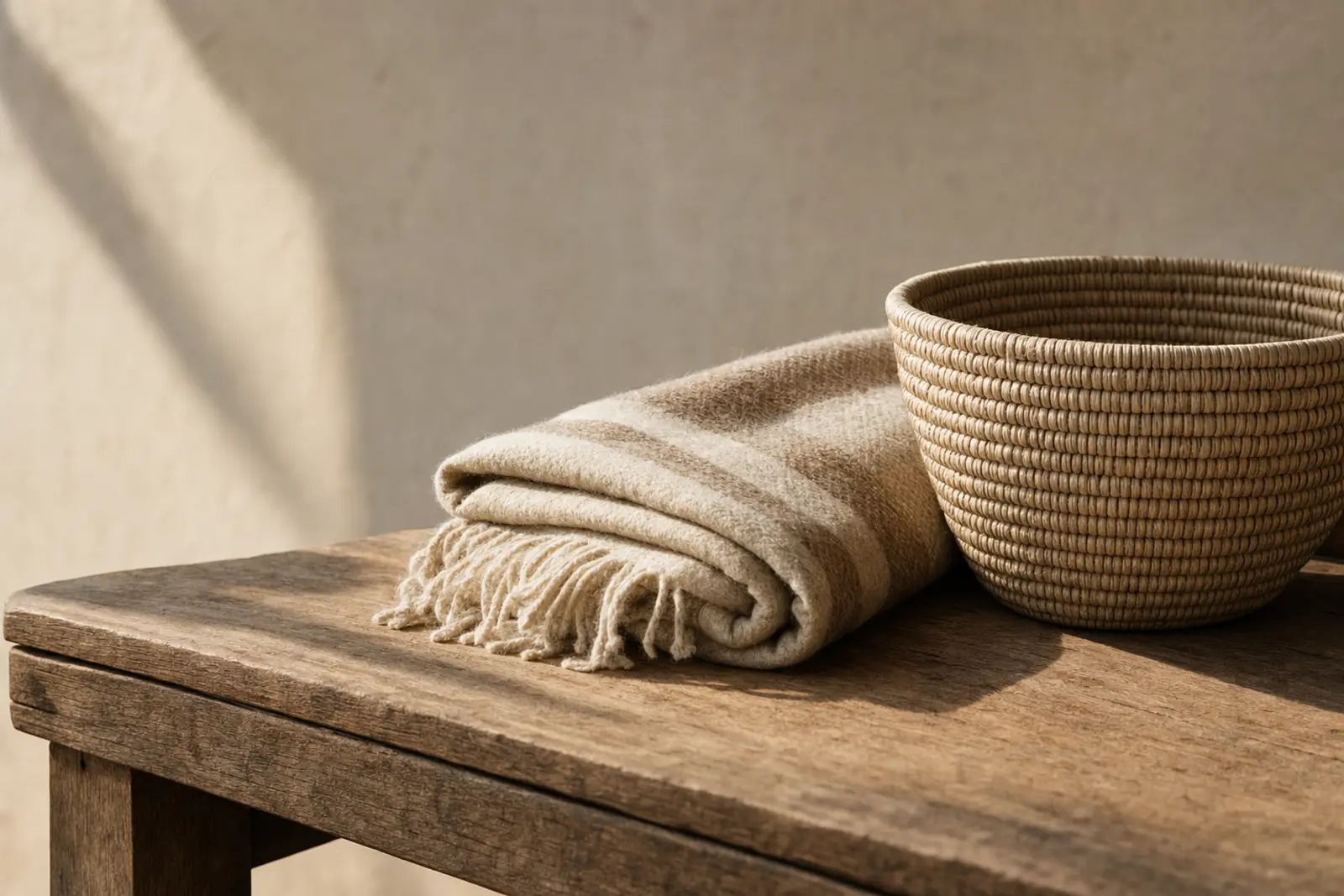 A woven grass basket and a folded woollen blanket resting on a plain wooden table in warm midday light