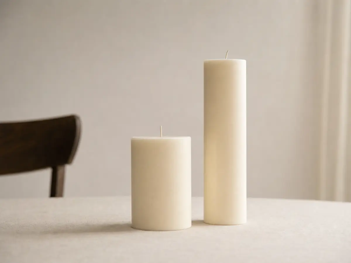 Two unlit candles of different heights standing side by side on a plain table