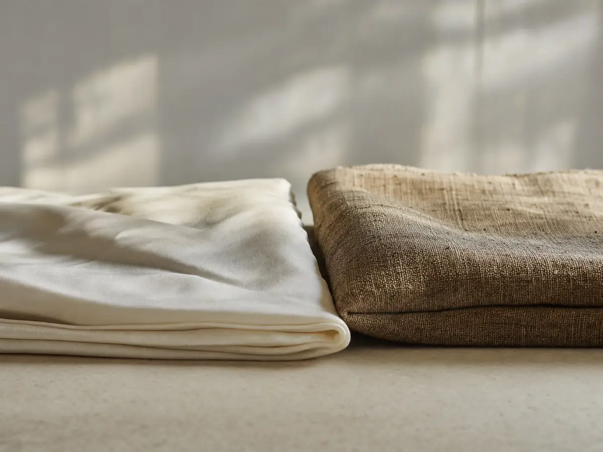 Two folded fabric samples of different textures and colours laid side by side on a plain table