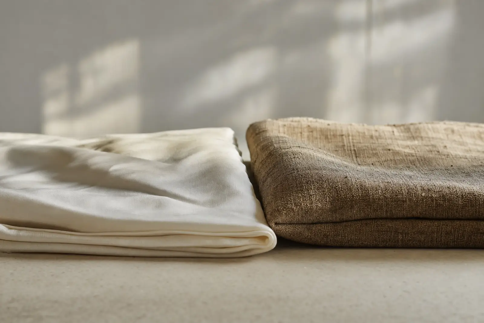 Two folded fabric samples of different textures and colours laid side by side on a plain table
