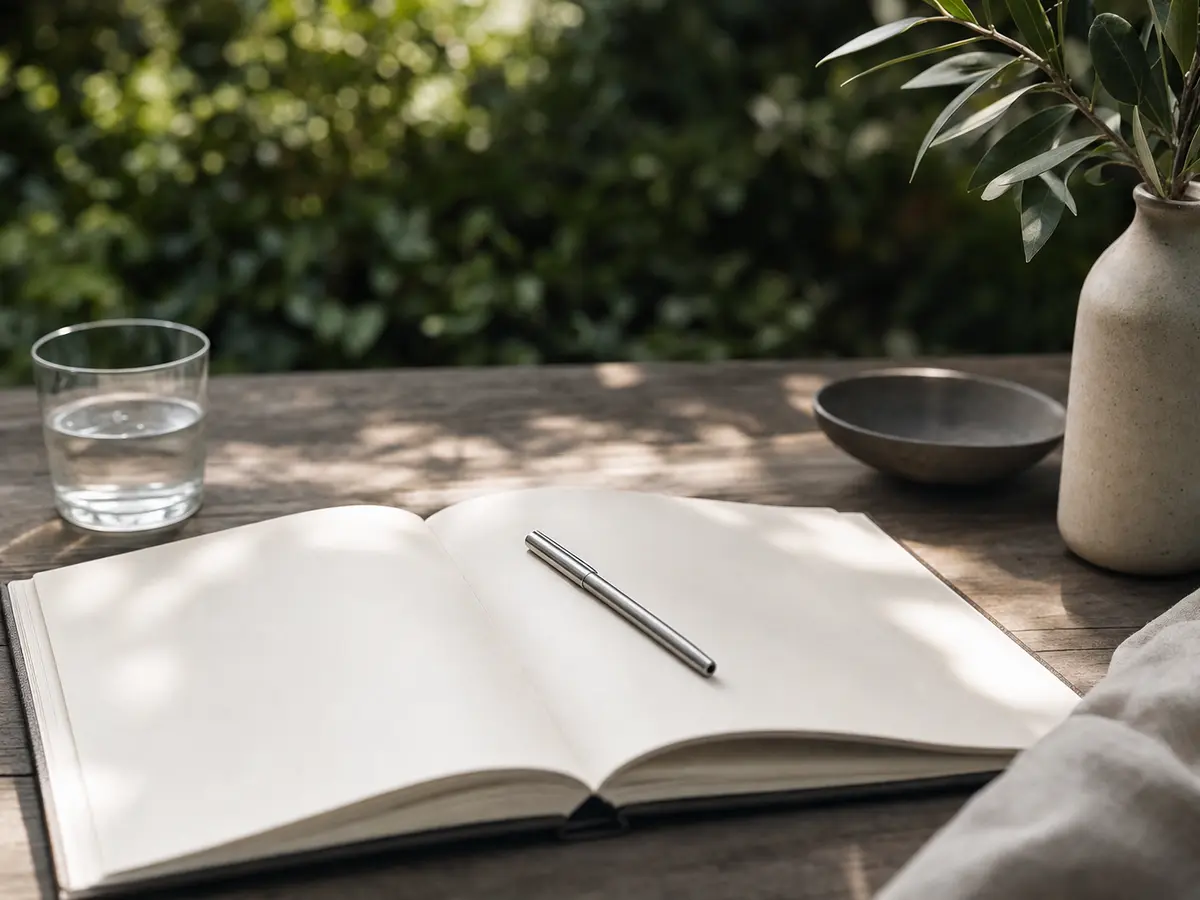An open blank notebook and a pen resting on a garden table in outdoor daylight