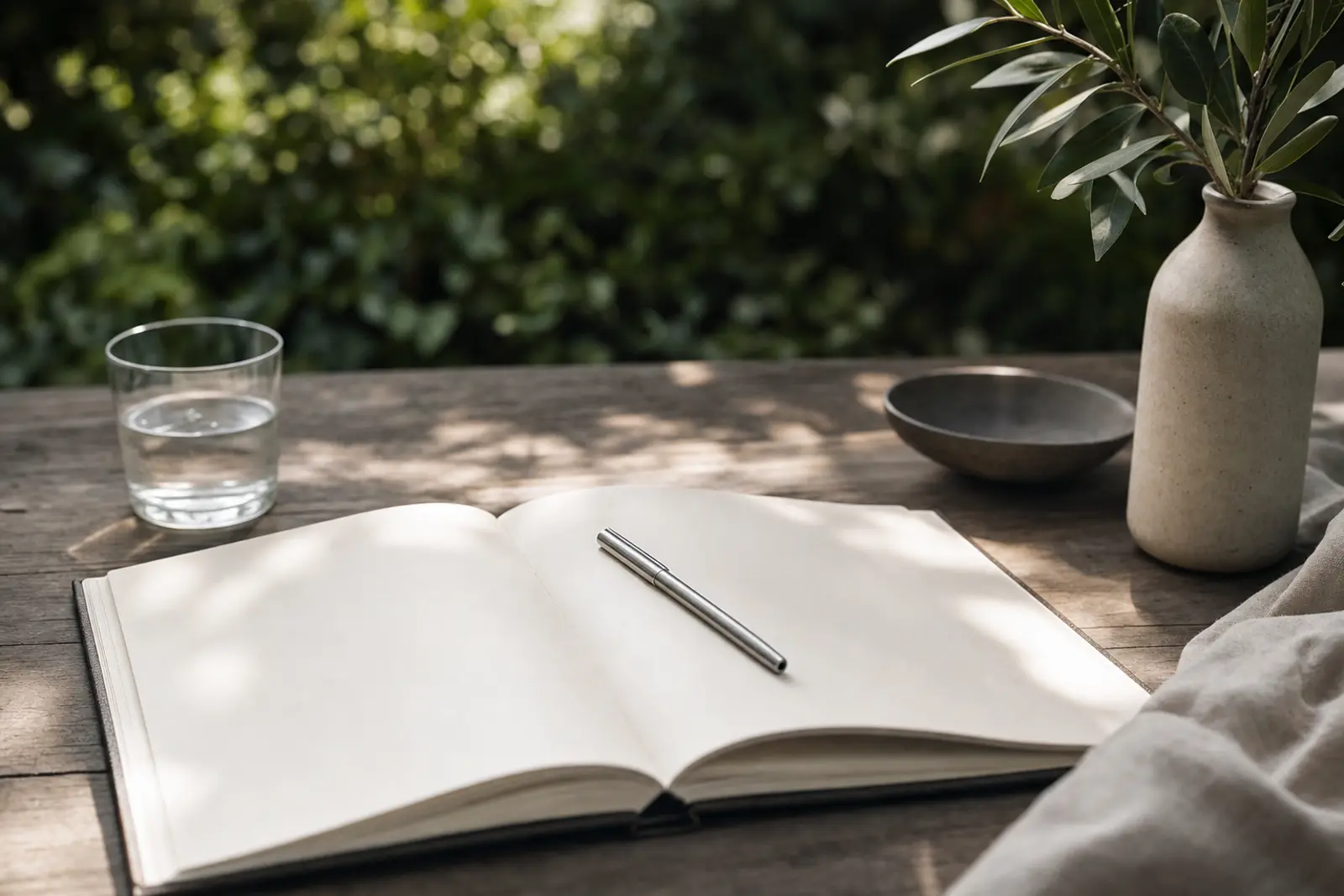 An open blank notebook and a pen resting on a garden table in outdoor daylight