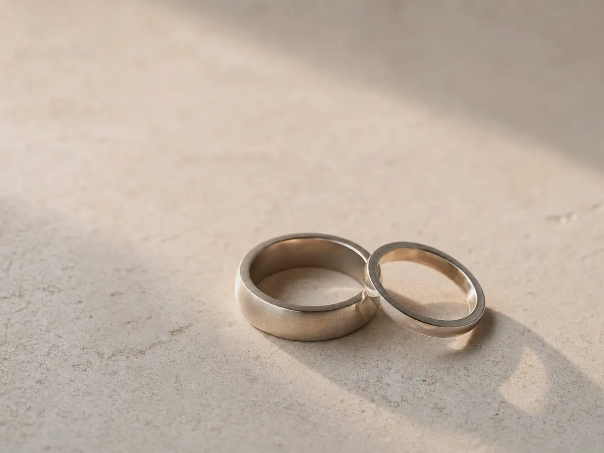 Two wedding bands of different widths resting together on a pale stone surface in soft afternoon light
