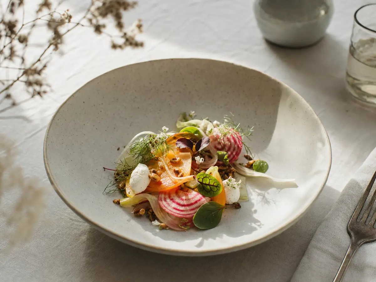 A vegetable-forward plated dish on a linen-covered table with natural window light
