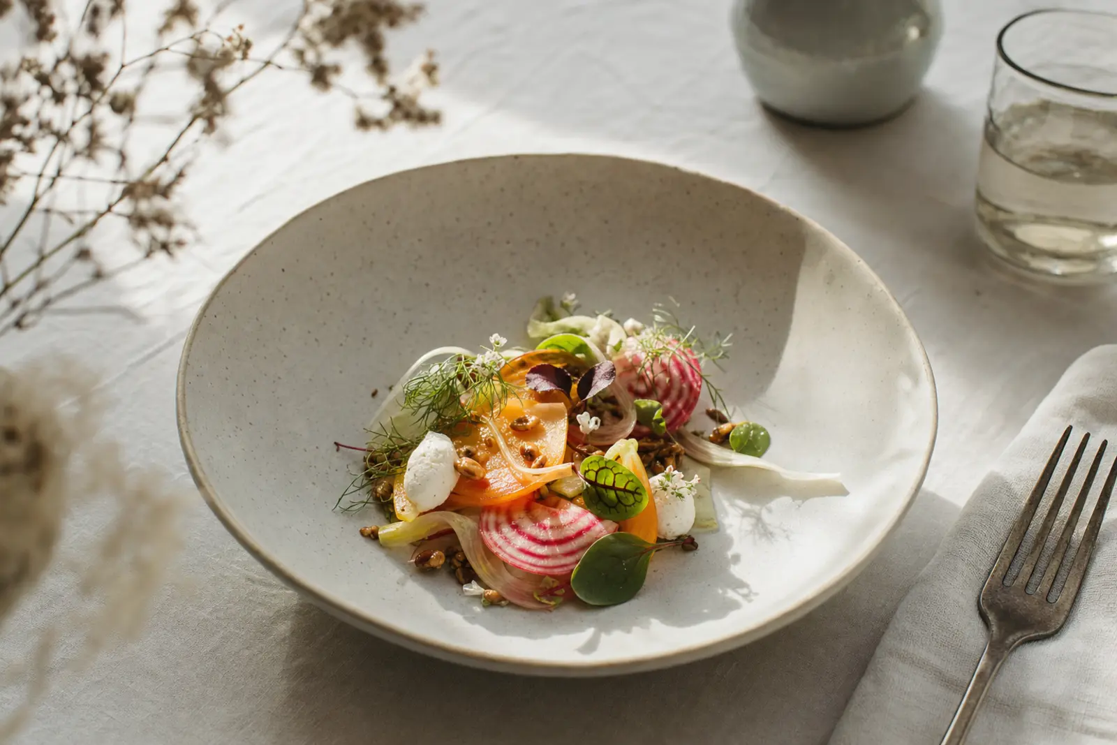 A vegetable-forward plated dish on a linen-covered table with natural window light