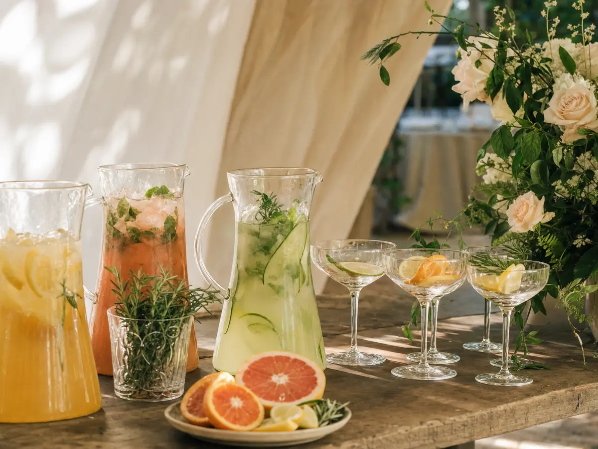 A drinks station with mocktails and glassware set out for a reception, no alcohol bottles visible