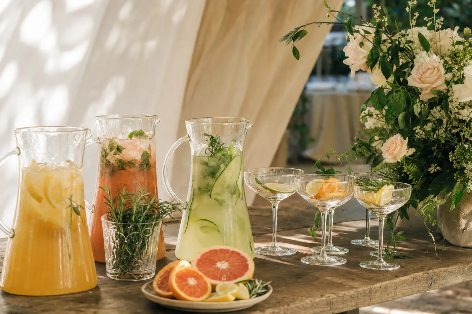 A drinks station with mocktails and glassware set out for a reception, no alcohol bottles visible