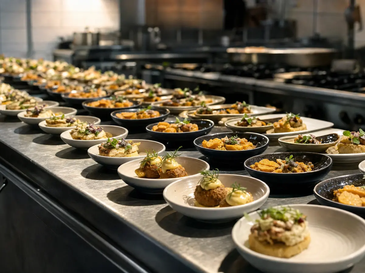 Trays of prepared canapés on a stainless steel kitchen counter before service