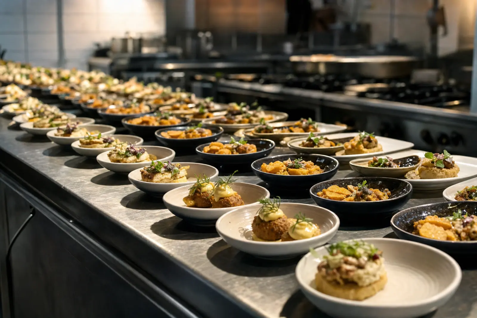 Trays of prepared canapés on a stainless steel kitchen counter before service