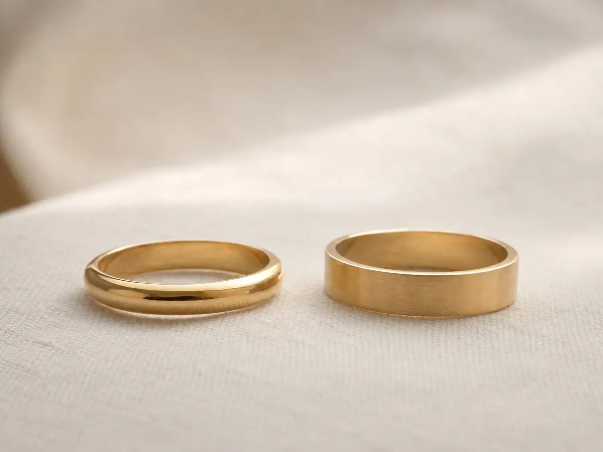 A rounded court-profile wedding band and a flat D-shape band resting side by side on pale linen