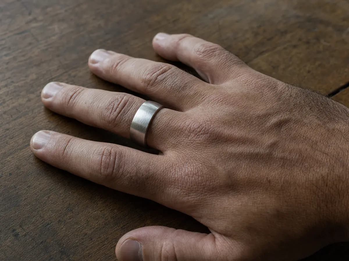 A wide brushed platinum band on a man's hand resting on a workbench