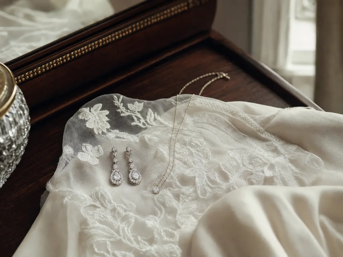 A pair of diamond drop earrings and a fine chain necklace laid beside a swatch of bridal lace