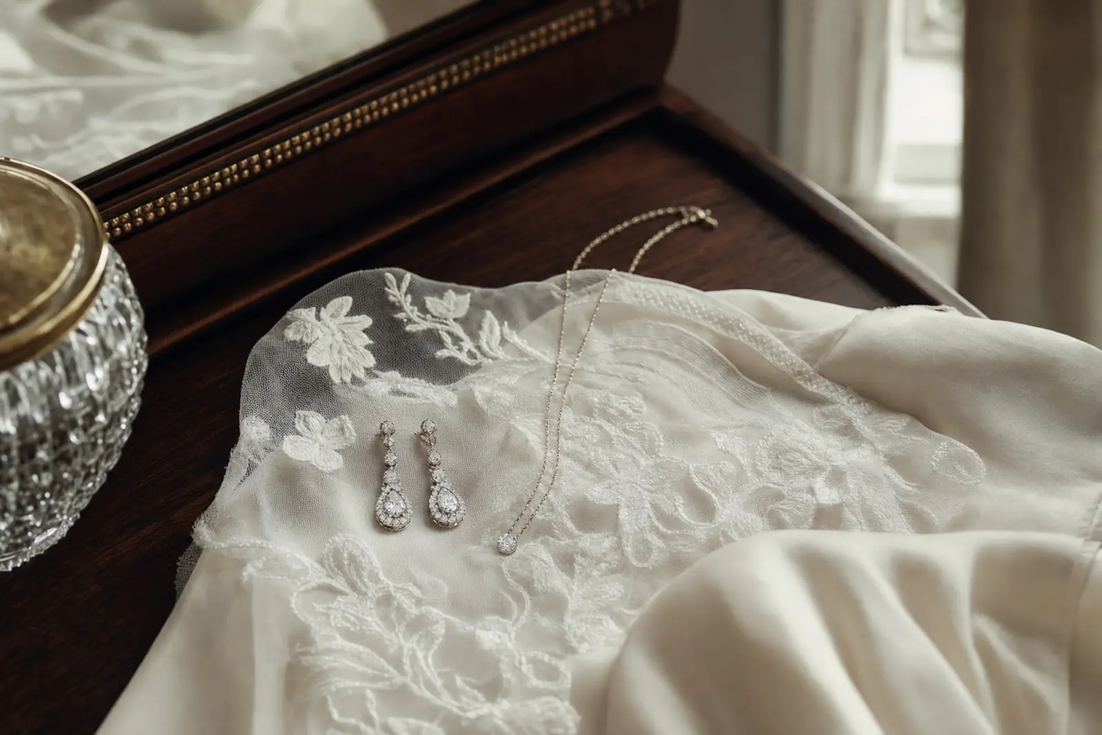 A pair of diamond drop earrings and a fine chain necklace laid beside a swatch of bridal lace