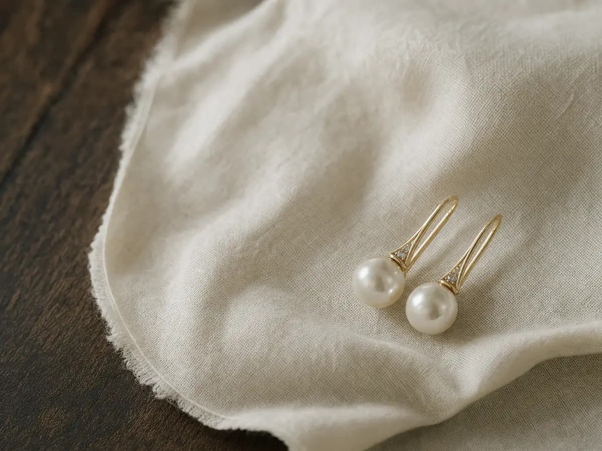 A mature woman's hand wearing a pair of pearl and gold earrings, resting on a table