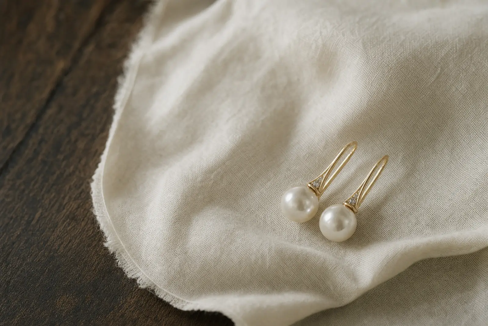 A mature woman's hand wearing a pair of pearl and gold earrings, resting on a table