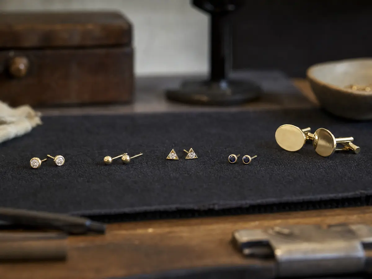 A row of small gold stud earrings and plain cufflinks laid out on a dark cloth