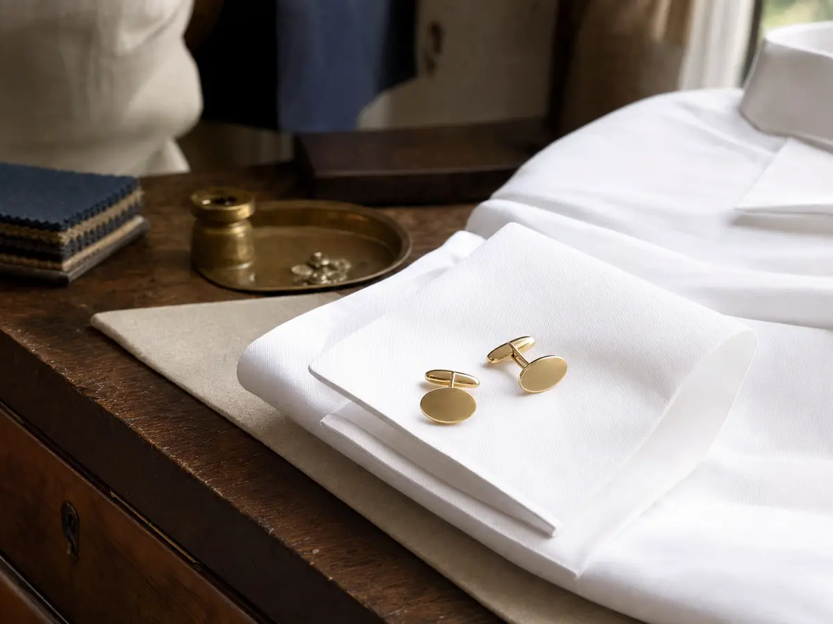 A pair of oval gold cufflinks resting on a folded white French-cuff shirt