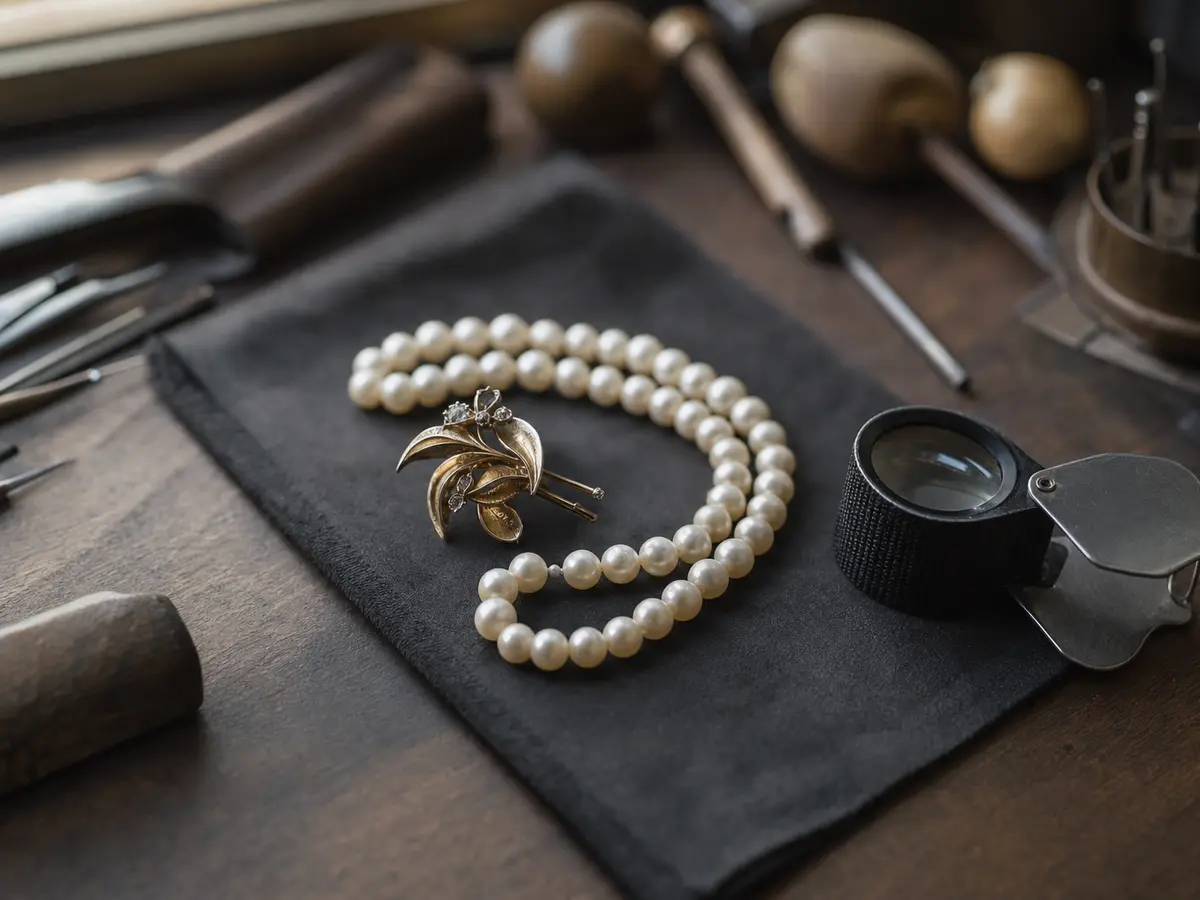 An older brooch and a string of pearls laid on a jeweller's cloth for inspection before a wedding