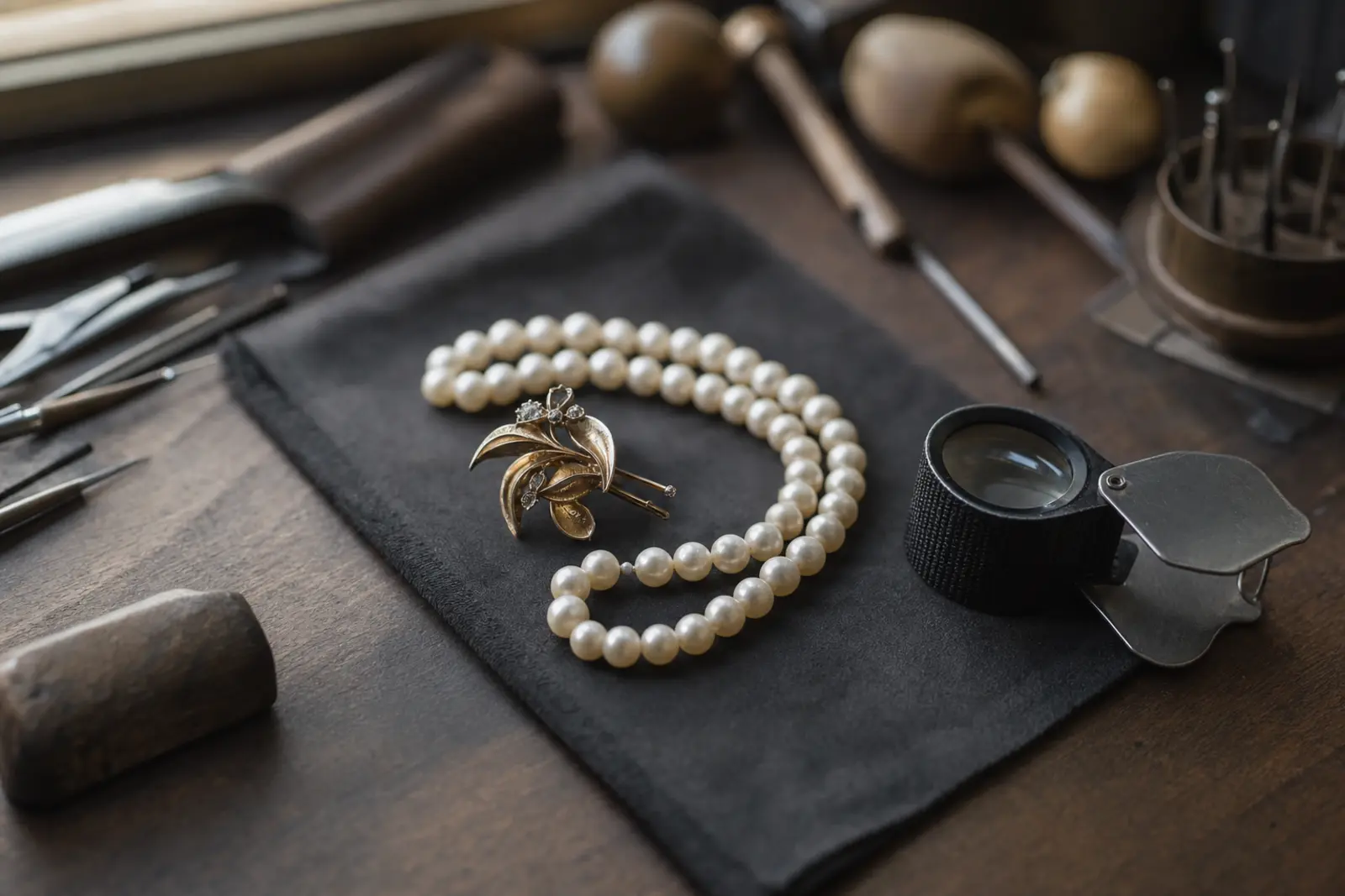 An older brooch and a string of pearls laid on a jeweller's cloth for inspection before a wedding