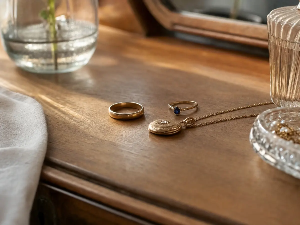 A small sapphire ring, an heirloom pendant and a plain wedding band grouped on a dressing table