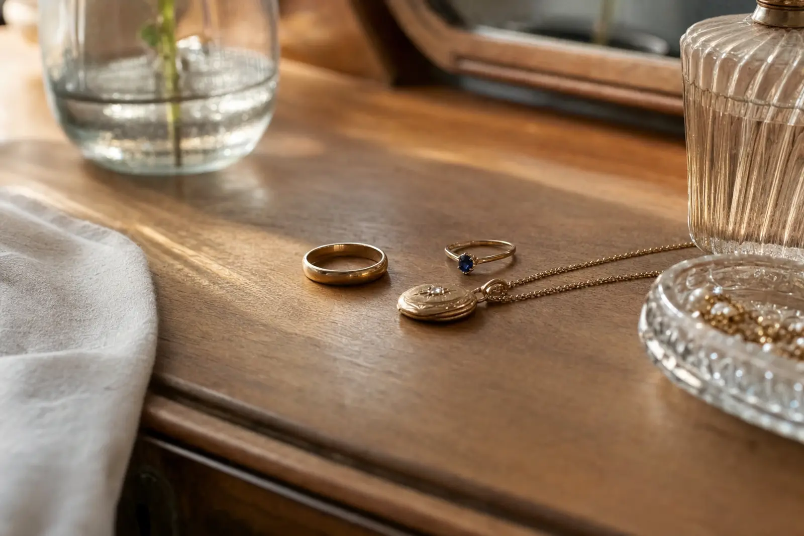 A small sapphire ring, an heirloom pendant and a plain wedding band grouped on a dressing table