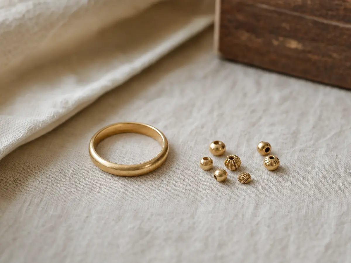A plain gold ring and a set of loose gold beads laid together on a neutral cloth