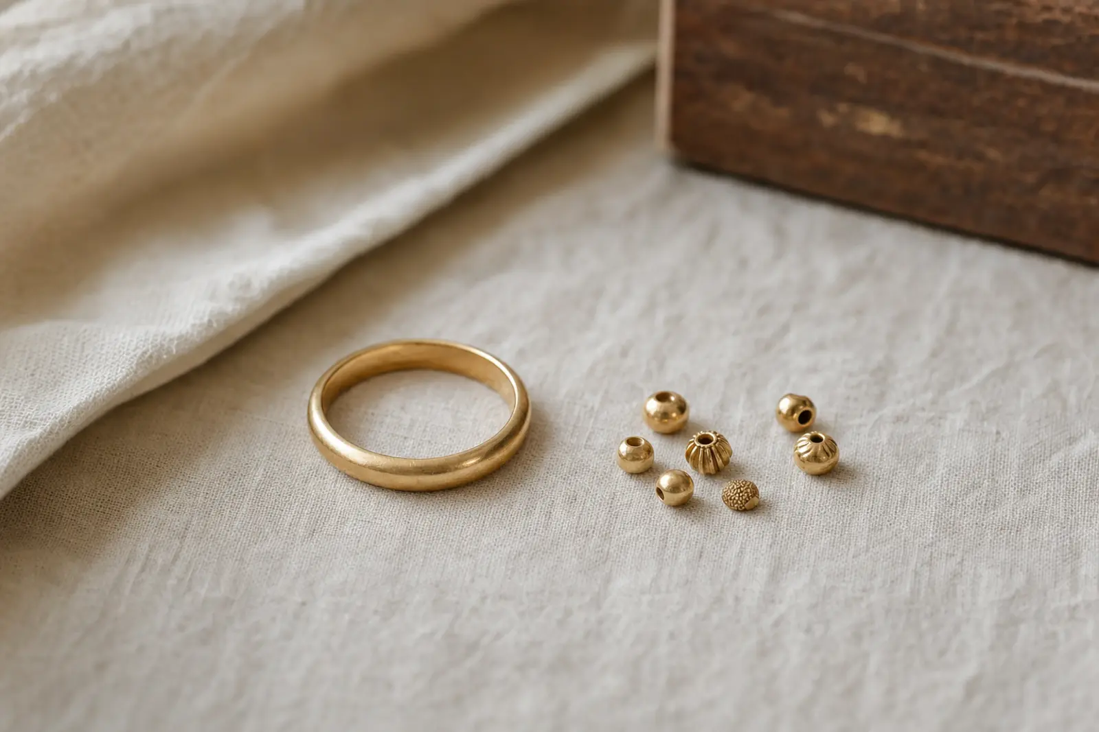 A plain gold ring and a set of loose gold beads laid together on a neutral cloth